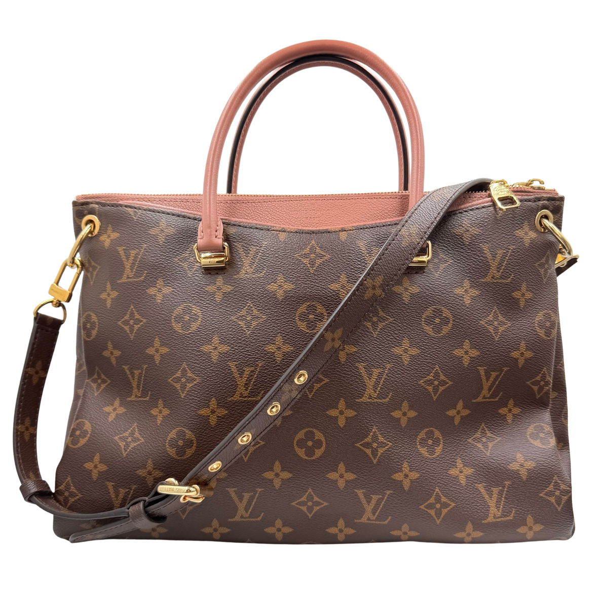 Louis Vuitton Pallas MM brown Monogram canvas bag with pink-toned handles and detachable shoulder strap