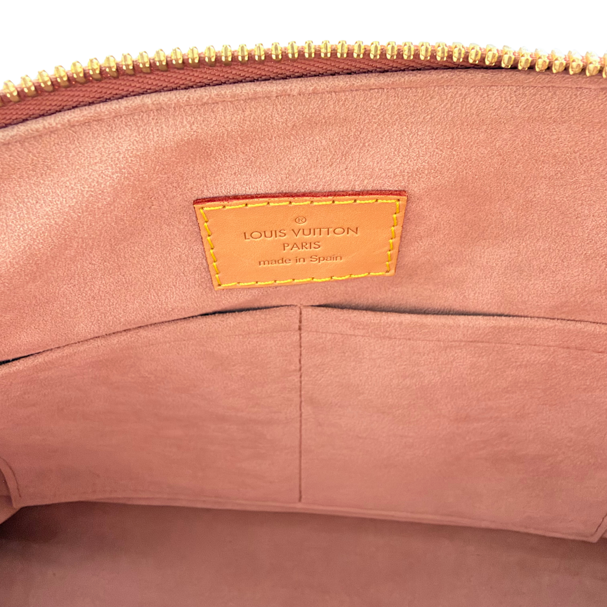 Louis Vuitton Pallas MM interior label reading Louis Vuitton Paris Made in Spain