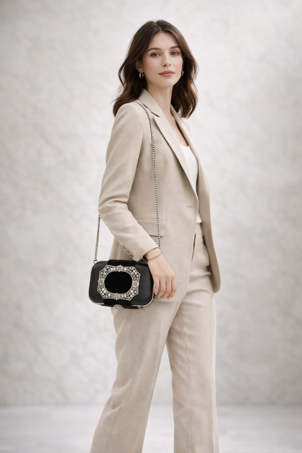 Chanel Lambskin and Velvet Strass Minaudière Embellished Silver Hardware Clutch Black